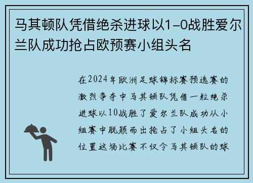 马其顿队凭借绝杀进球以1-0战胜爱尔兰队成功抢占欧预赛小组头名